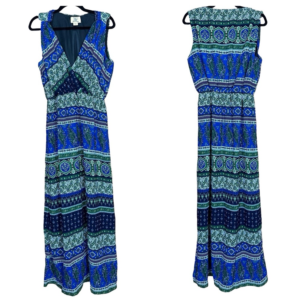 Stevie & Lindsay Paisley Floral Sleeveless Blue Green Summer VNeck Maxi Dress 1X